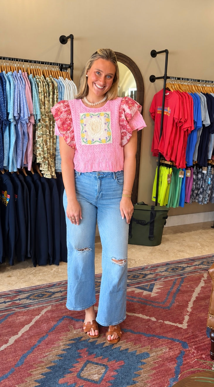 Pink Floral Ruffle Knit Top