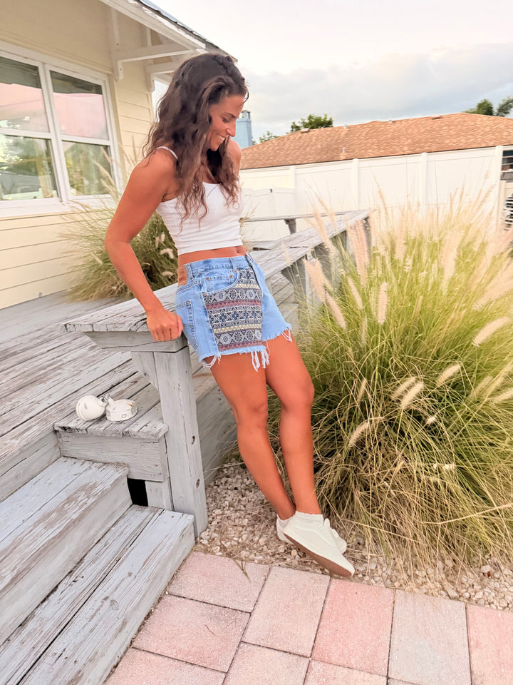 Upcycled Levi’s High-Rise Denim Levi Cutoff Shorts-Recycled Tapestry