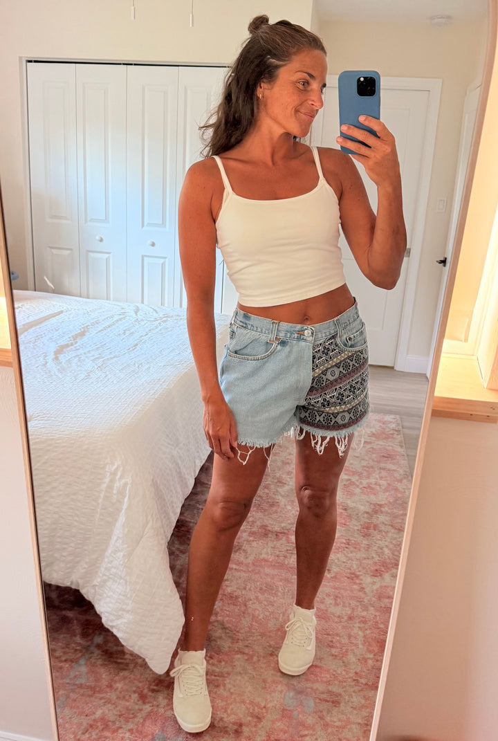 Upcycled Levi’s High-Rise Denim Levi Cutoff Shorts-Recycled Tapestry