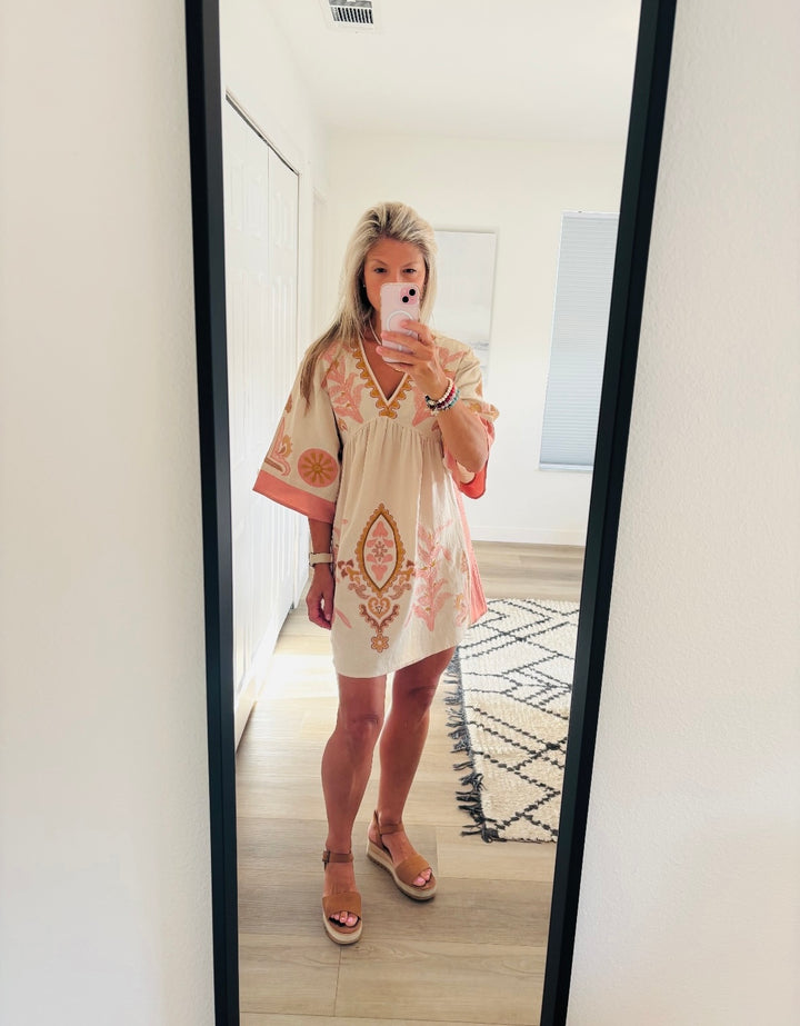 Pink Boho Embroidered Babydoll Dress