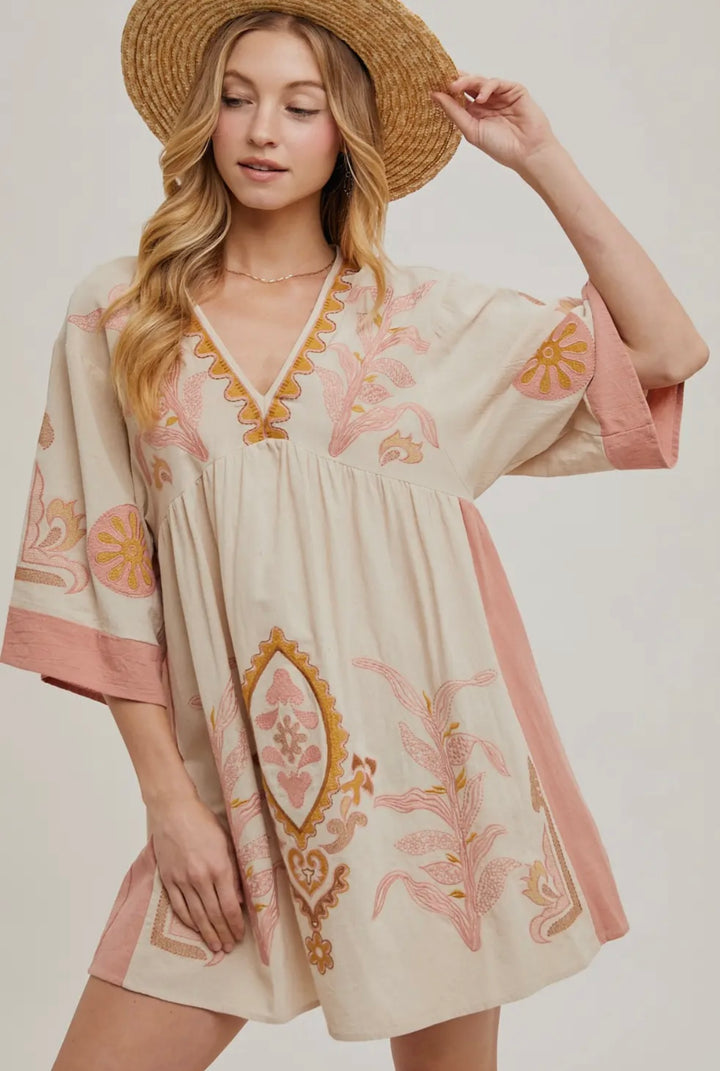 Pink Boho Embroidered Babydoll Dress