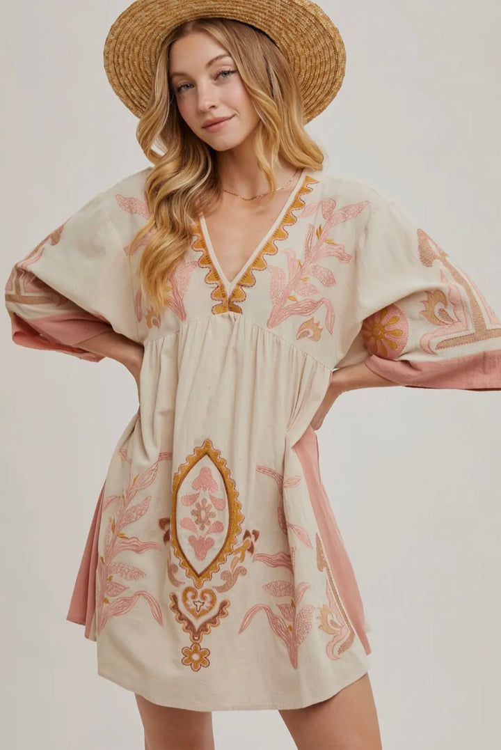 Pink Boho Embroidered Babydoll Dress