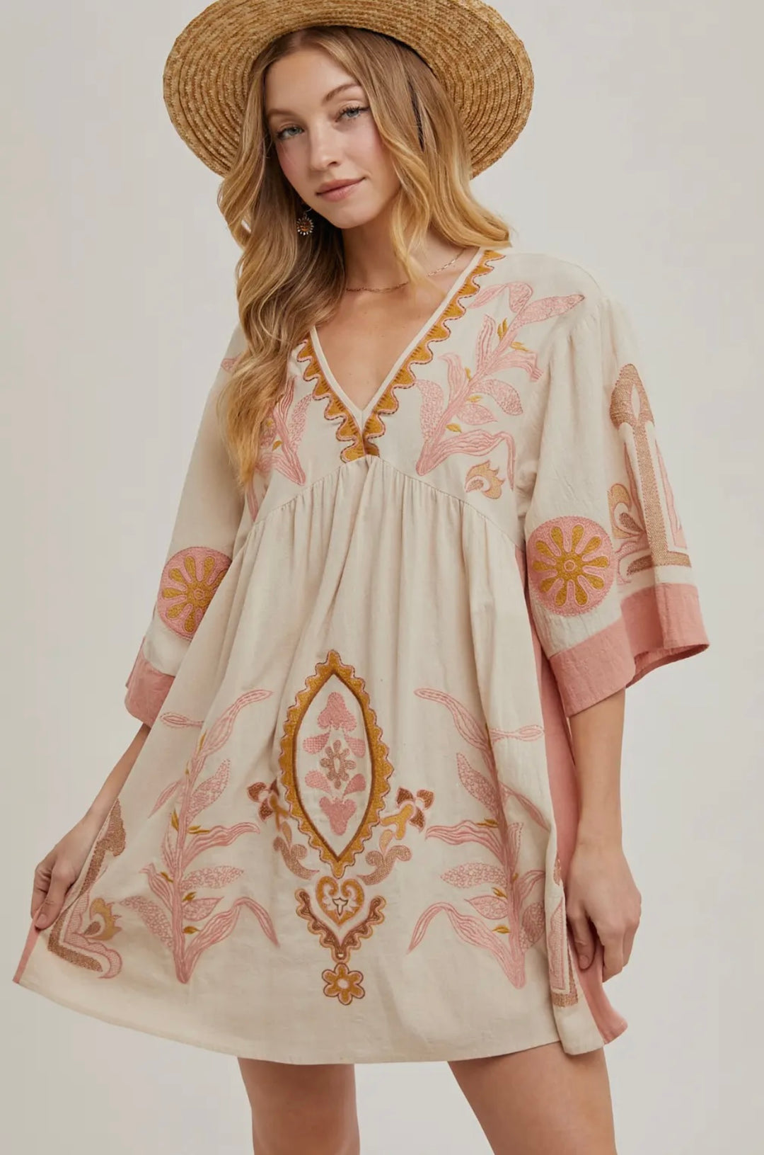 Pink Boho Embroidered Babydoll Dress