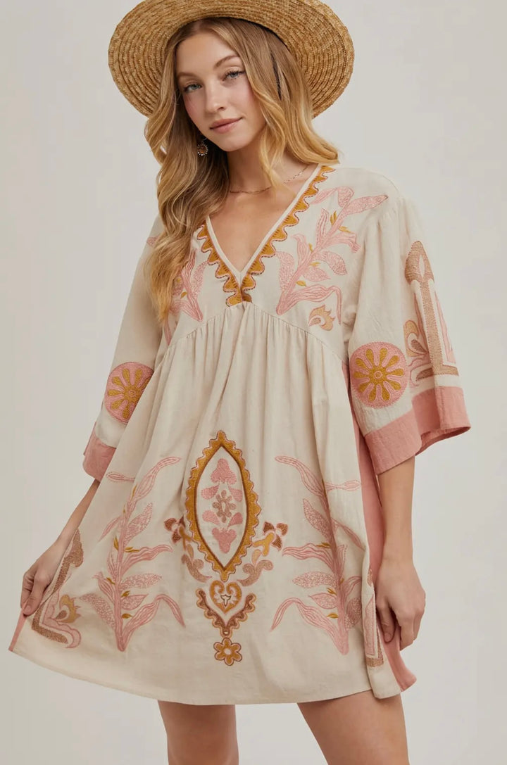 Pink Boho Embroidered Babydoll Dress