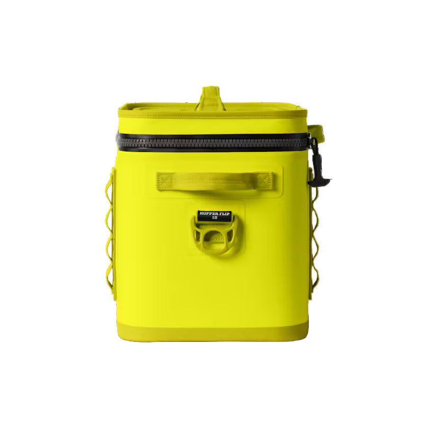 Yellow cooler bag with a visible brand logo on a black background