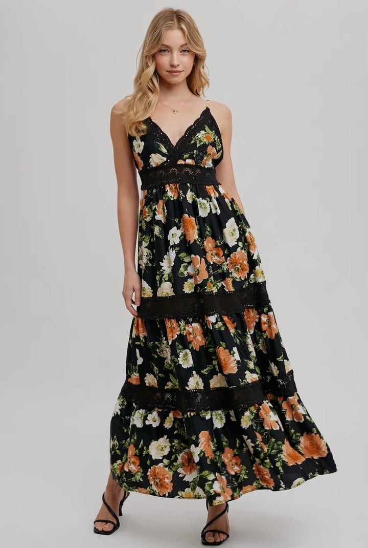Floral Print Tiered Lace Maxi Dress