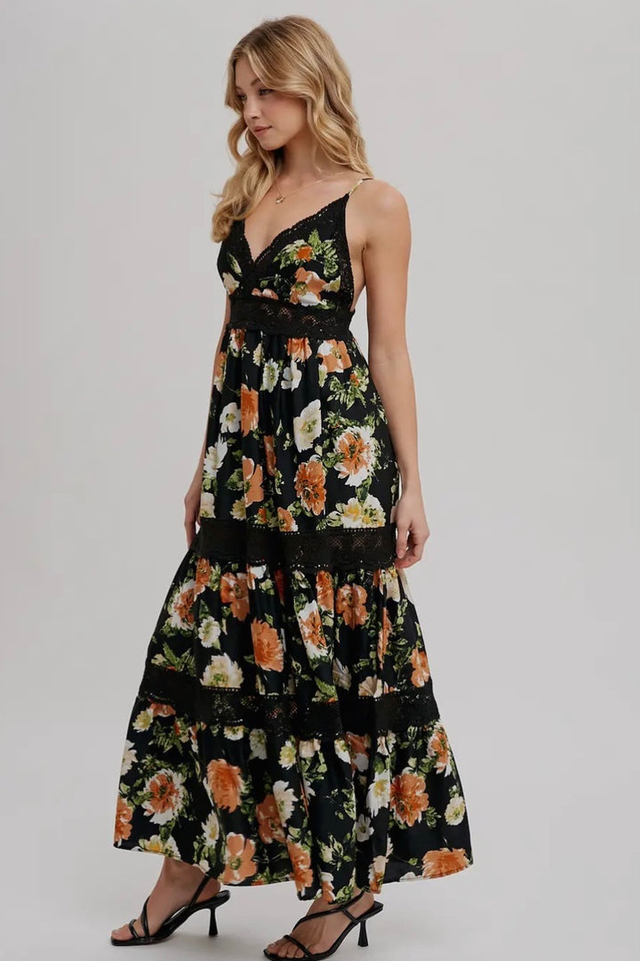Floral Print Tiered Lace Maxi Dress