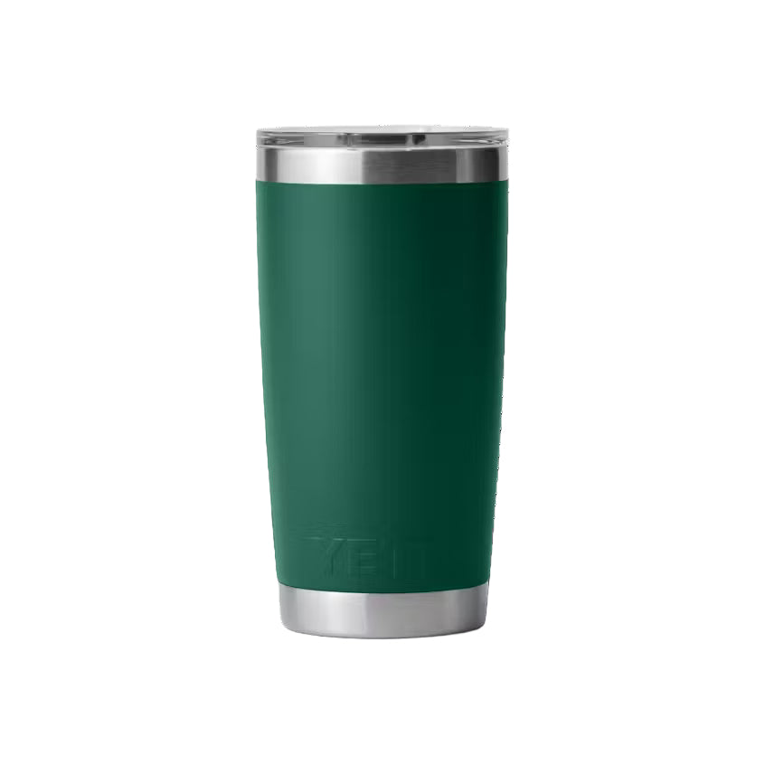 Green tumbler with silver lid on a white background