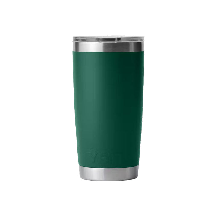 Green tumbler with silver lid on a white background