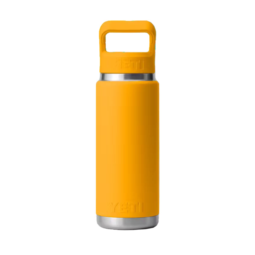Yellow insulated bottle with silver base and handle on a black background