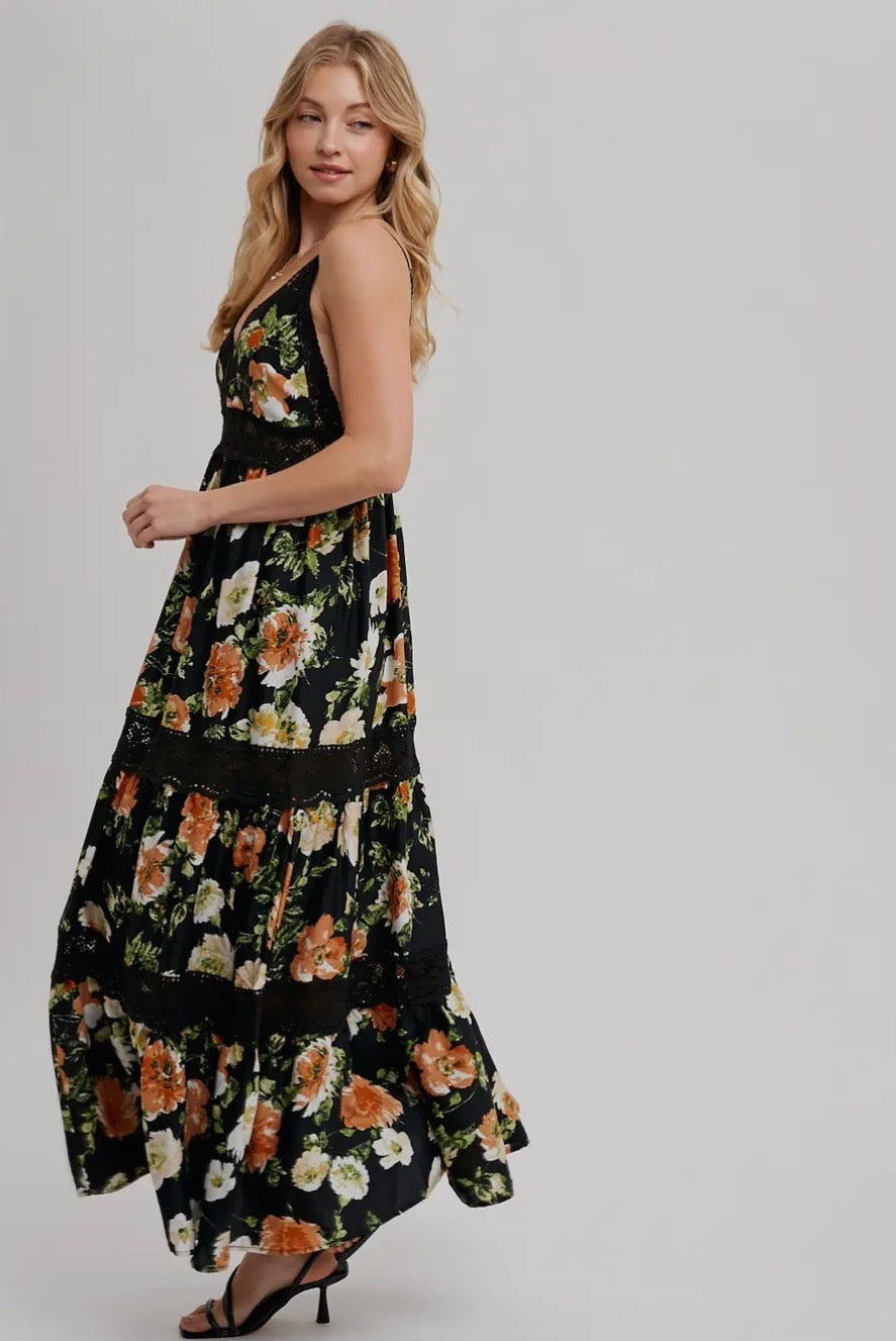 Floral Print Tiered Lace Maxi Dress